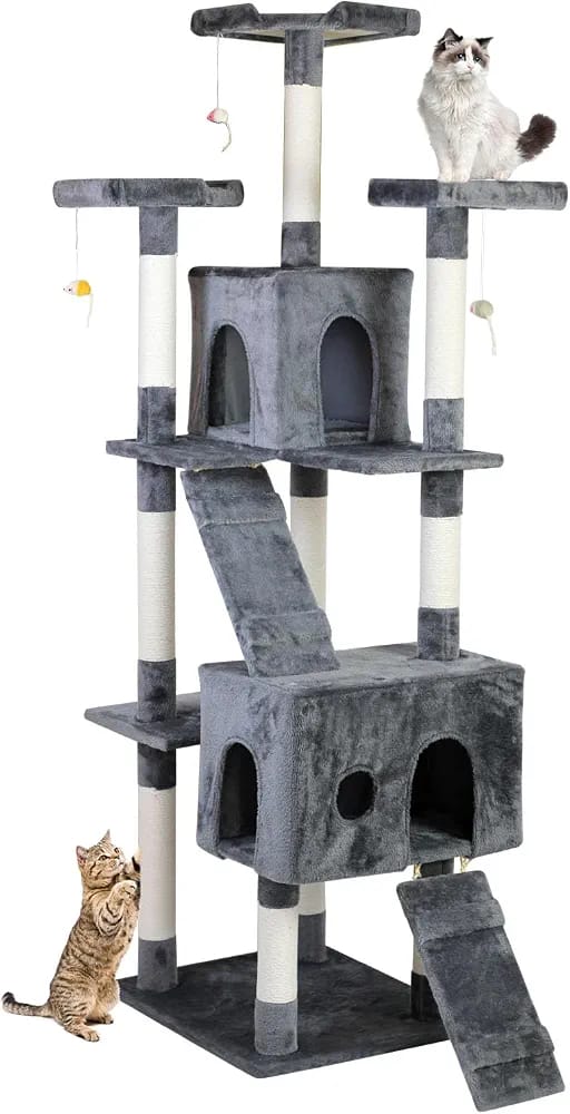 Grey Cat Tree Tower 170cm – Multi-Level Cat Condo with 2 Caves, Ramp & Scratching Posts