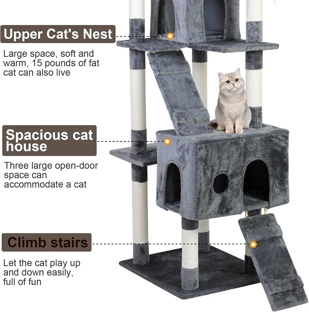 Grey Cat Tree Tower 170cm – Multi-Level Cat Condo with 2 Caves, Ramp & Scratching Posts