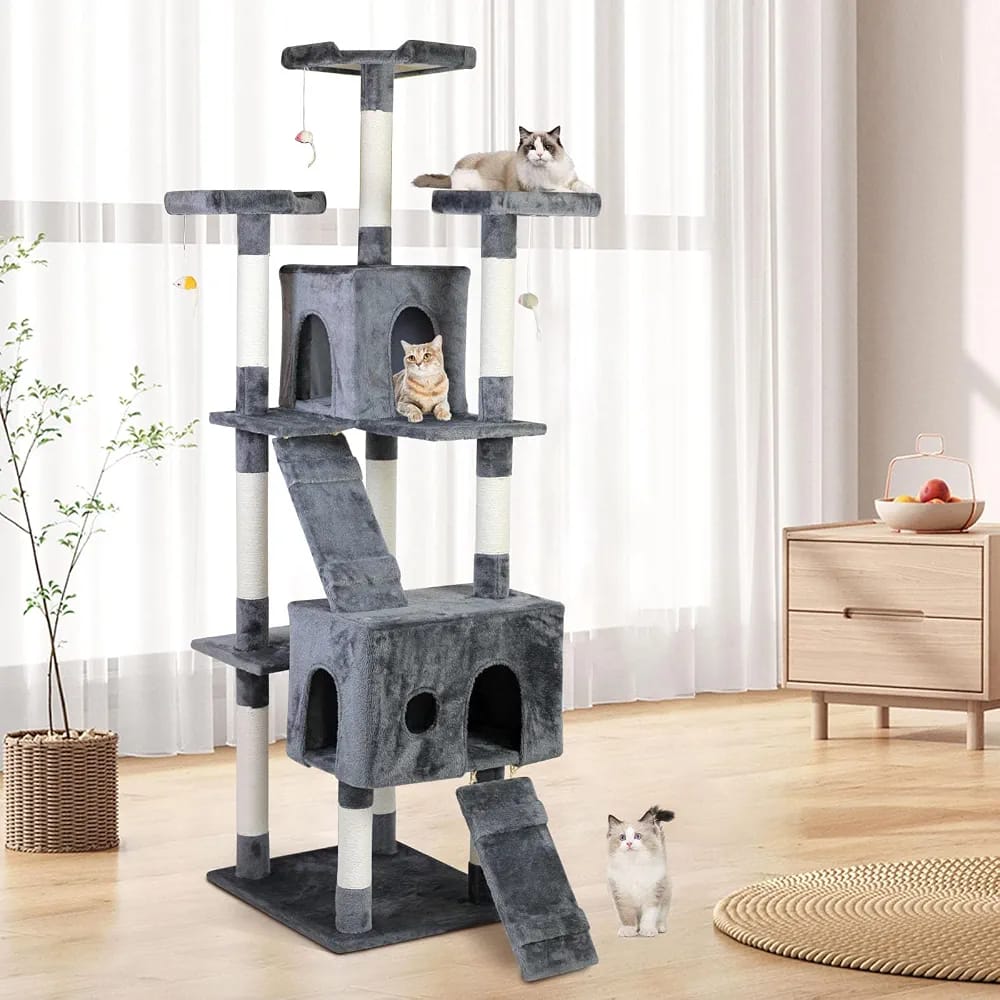 Grey Cat Tree Tower 170cm – Multi-Level Cat Condo with 2 Caves, Ramp & Scratching Posts