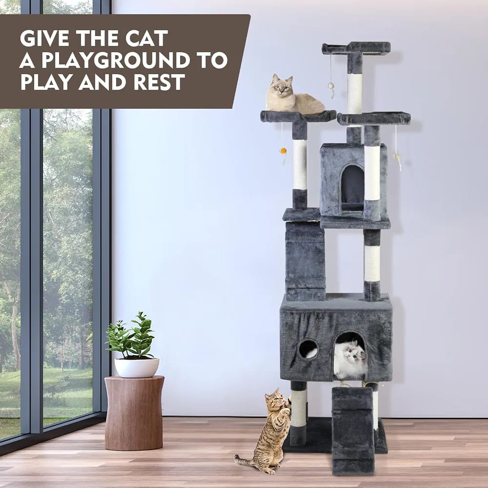 Grey Cat Tree Tower 170cm – Multi-Level Cat Condo with 2 Caves, Ramp & Scratching Posts