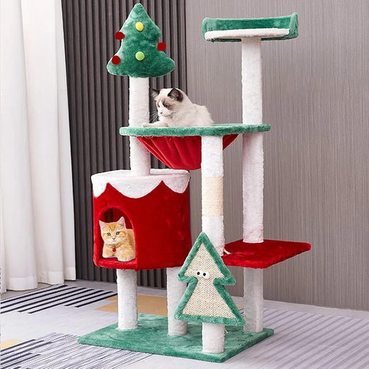 Christmas Cat Tree Tower with Cat Condo, Scratching Posts & Resting Platforms – 110cm