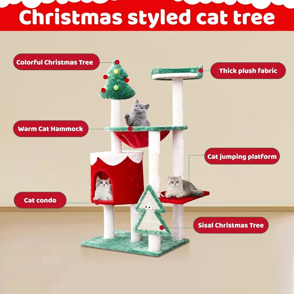 Christmas Cat Tree Tower with Cat Condo, Scratching Posts & Resting Platforms – 110cm