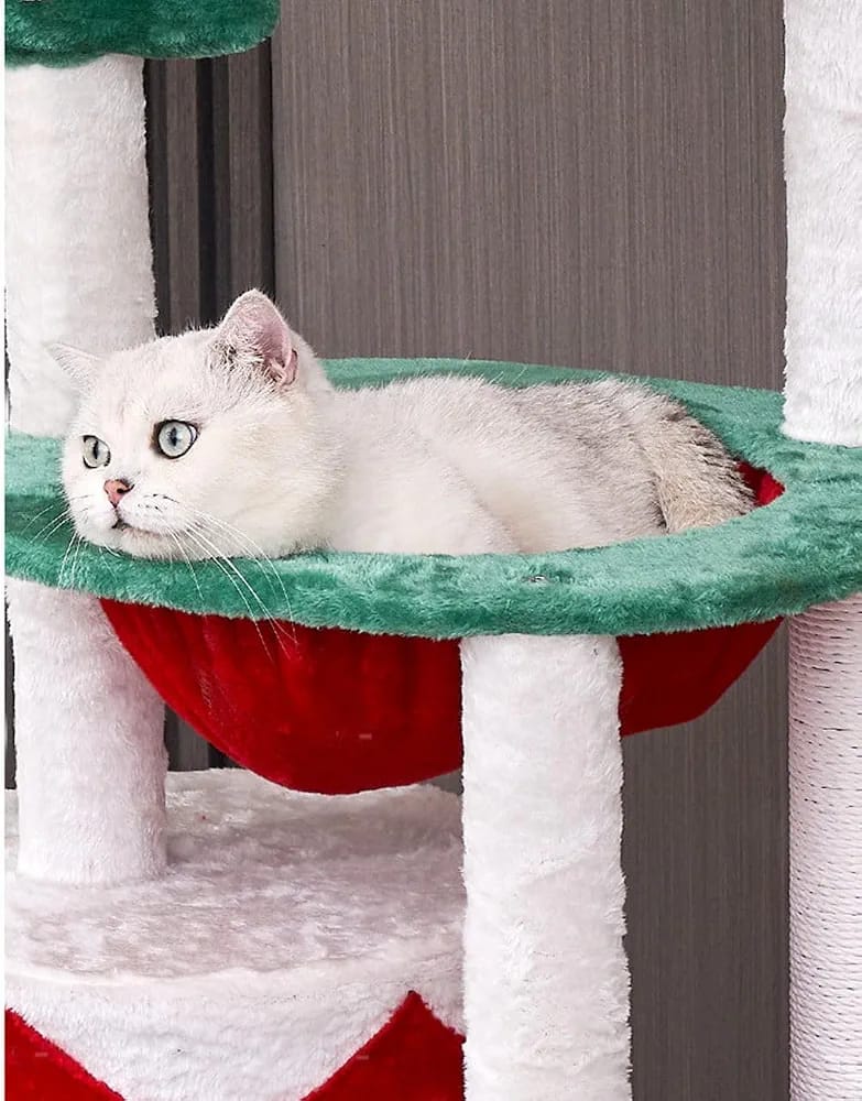 Christmas Cat Tree Tower with Cat Condo, Scratching Posts & Resting Platforms – 110cm