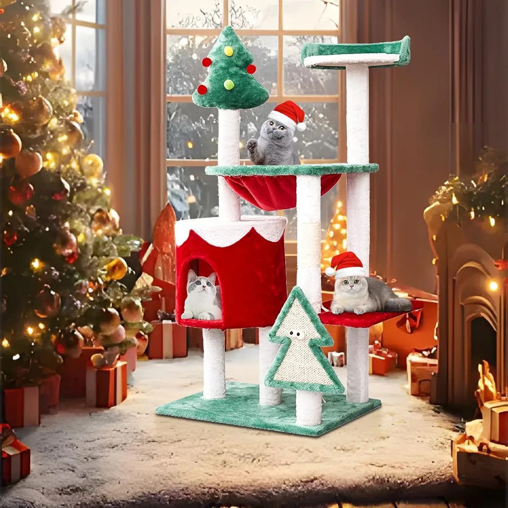 Christmas Cat Tree Tower with Cat Condo, Scratching Posts & Resting Platforms – 110cm