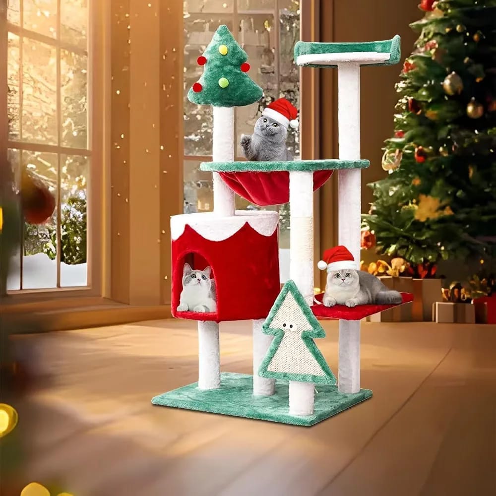 Christmas Cat Tree Tower with Cat Condo, Scratching Posts & Resting Platforms – 110cm