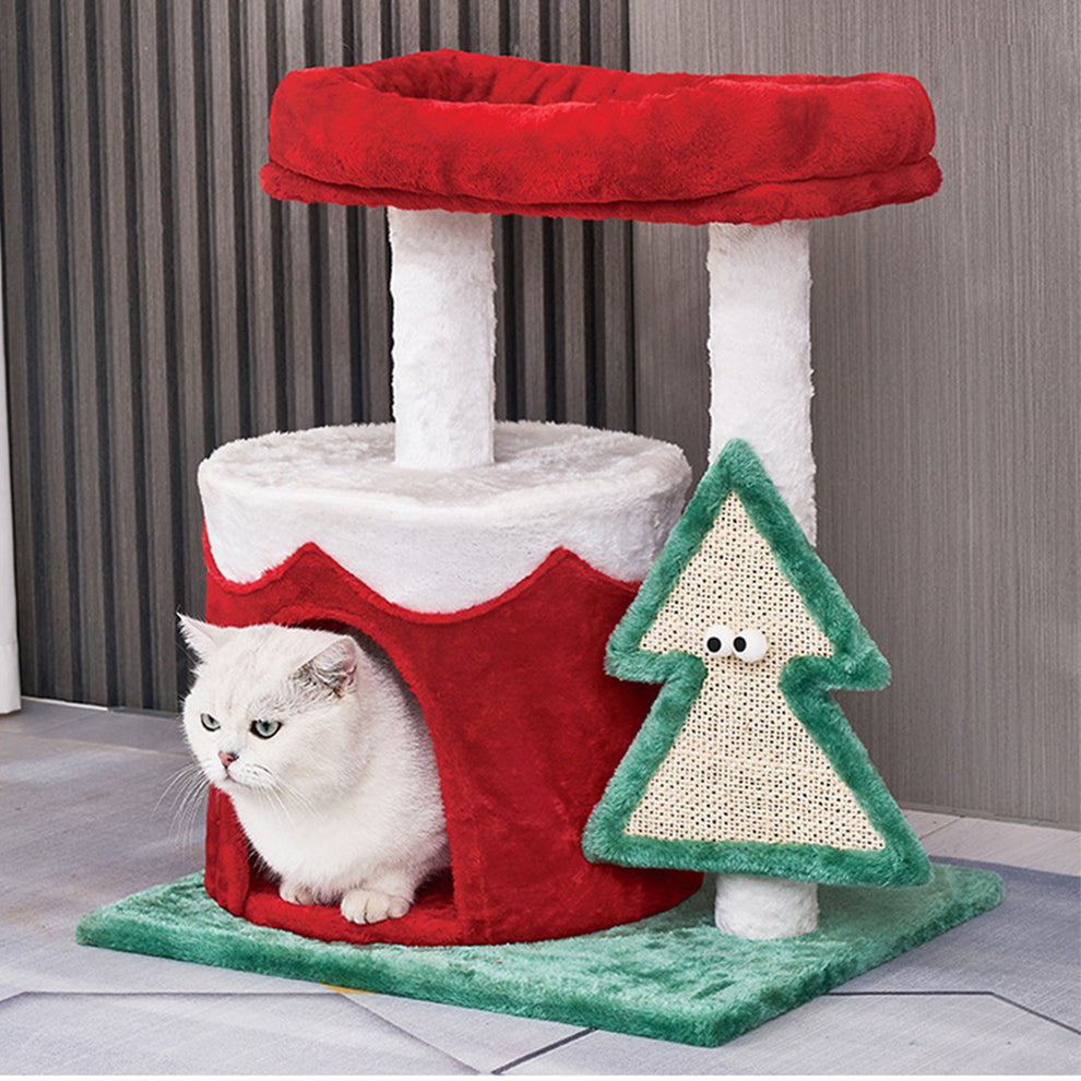Christmas Cat Tree Tower with Scratching Board, Cozy Cat Condo & Top Bed – 60cm