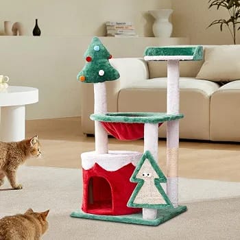 Christmas Cat Tree Tower 95cm with Cat Condo, Scratching Posts & Multiple Platforms