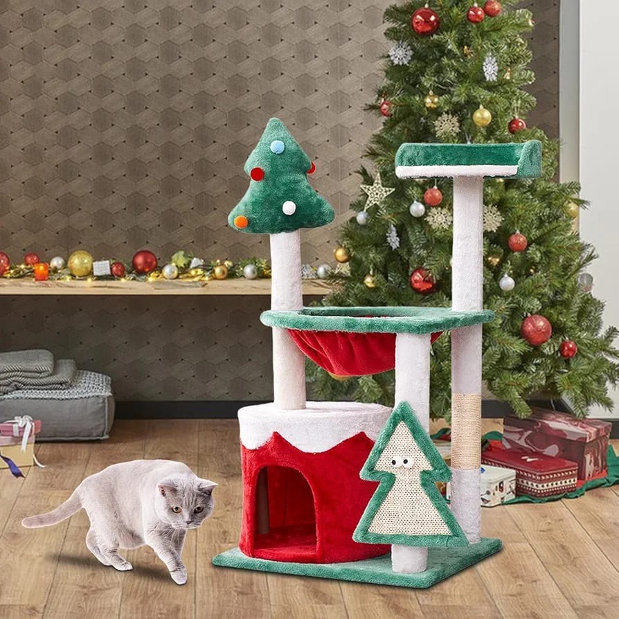Christmas Cat Tree Tower 95cm with Cat Condo, Scratching Posts & Multiple Platforms