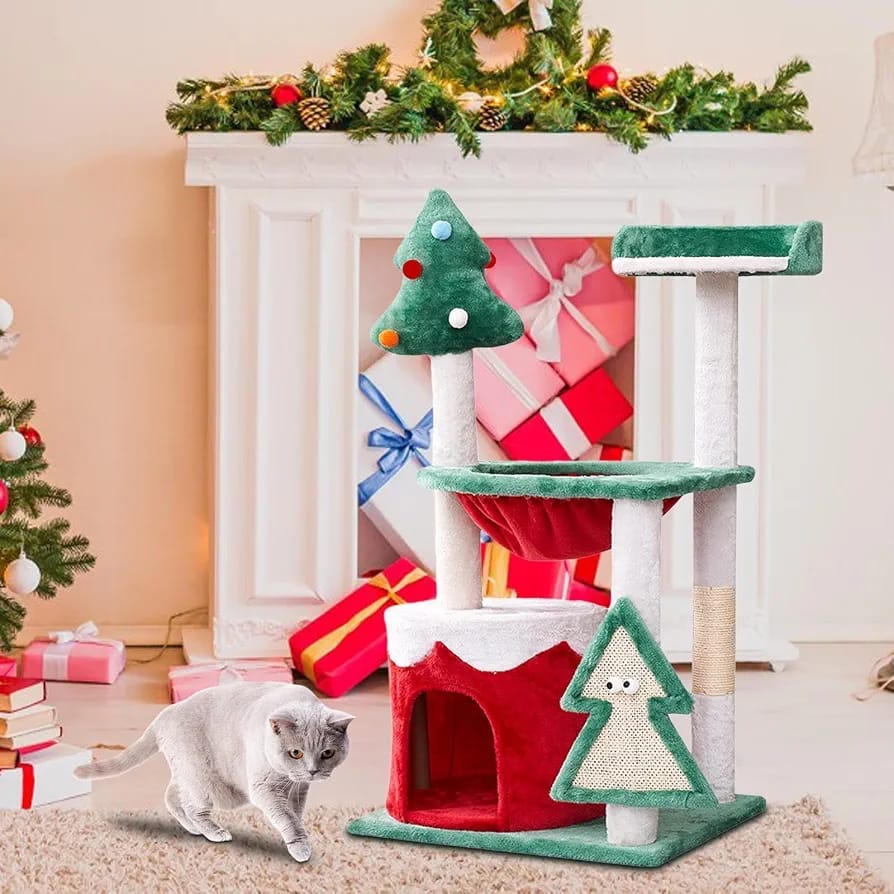 Christmas Cat Tree Tower 95cm with Cat Condo, Scratching Posts & Multiple Platforms