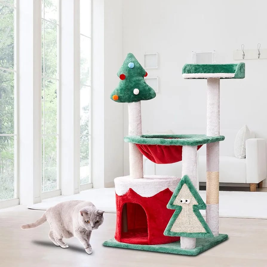 Christmas Cat Tree Tower 95cm with Cat Condo, Scratching Posts & Multiple Platforms