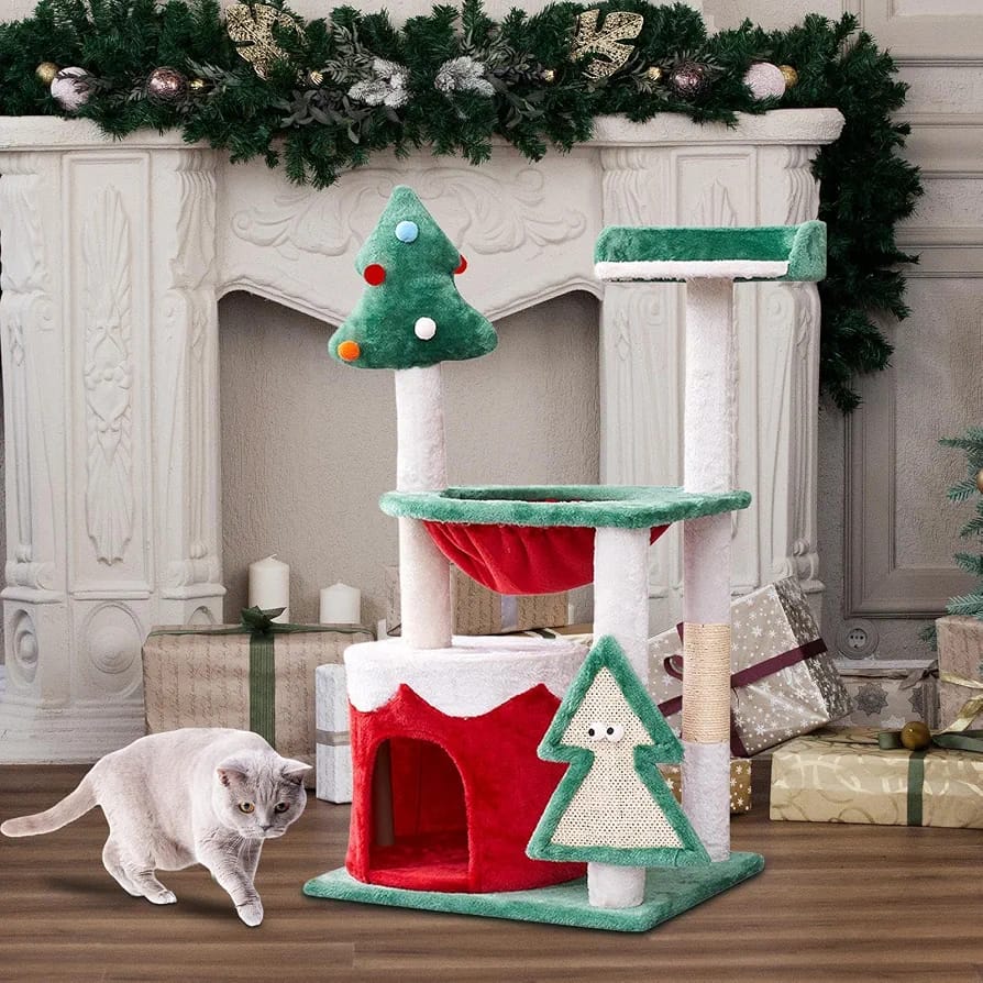 Christmas Cat Tree Tower 95cm with Cat Condo, Scratching Posts & Multiple Platforms