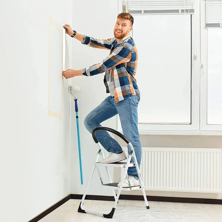 Heavy Duty 2-Step Folding Ladder with Safety Handle & Anti-Slip Wide Steps – Portable Steel Step Stool for Home, Kitchen & Office