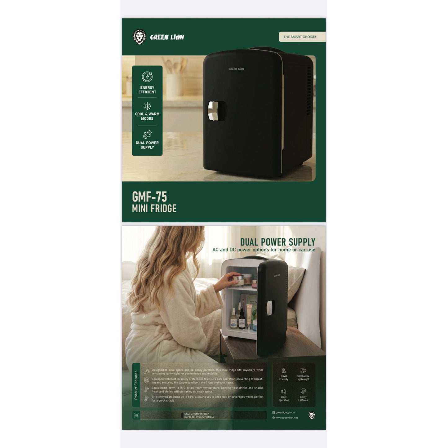 Green Lion GMF-75 and GMF-65 Mini Fridge 4L – Dual Power Cool & Warm Mode | Portable Car & Home Mini Refrigerator | Qatar